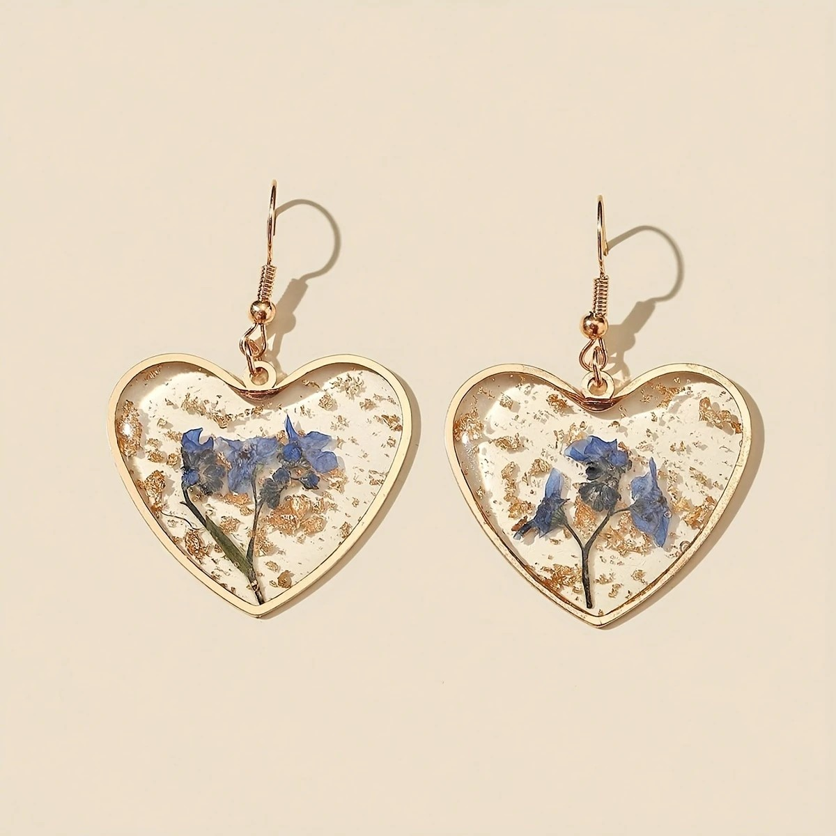 Pressed Flower Gold Heart Shaped Earrings