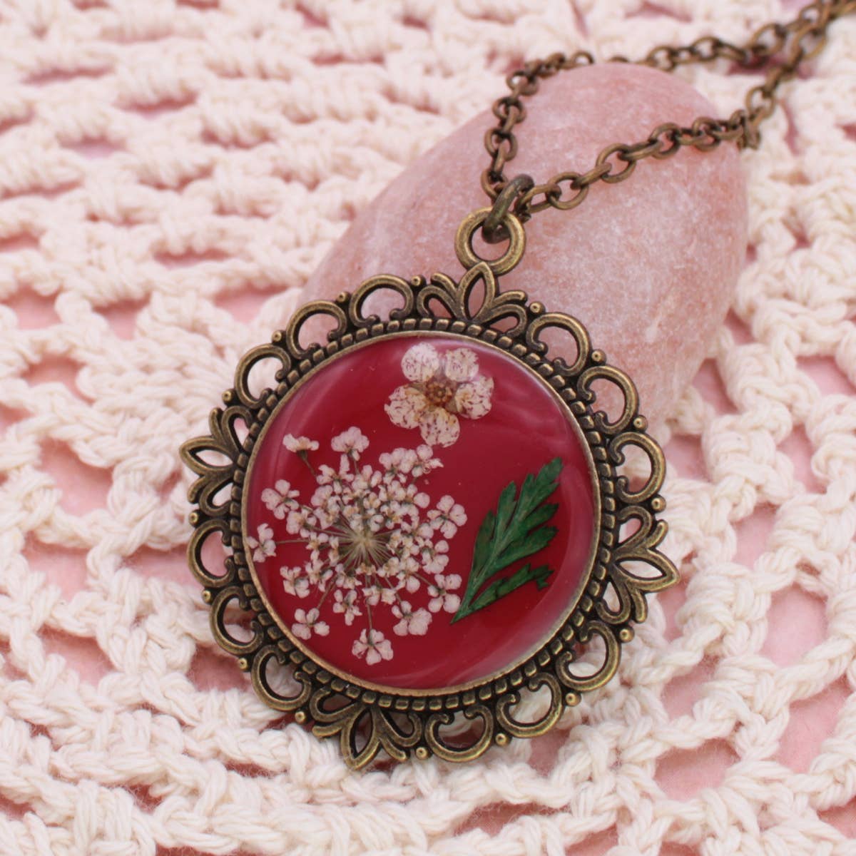 ZAD - Antique Gold Dried Flower Red Cameo Necklace