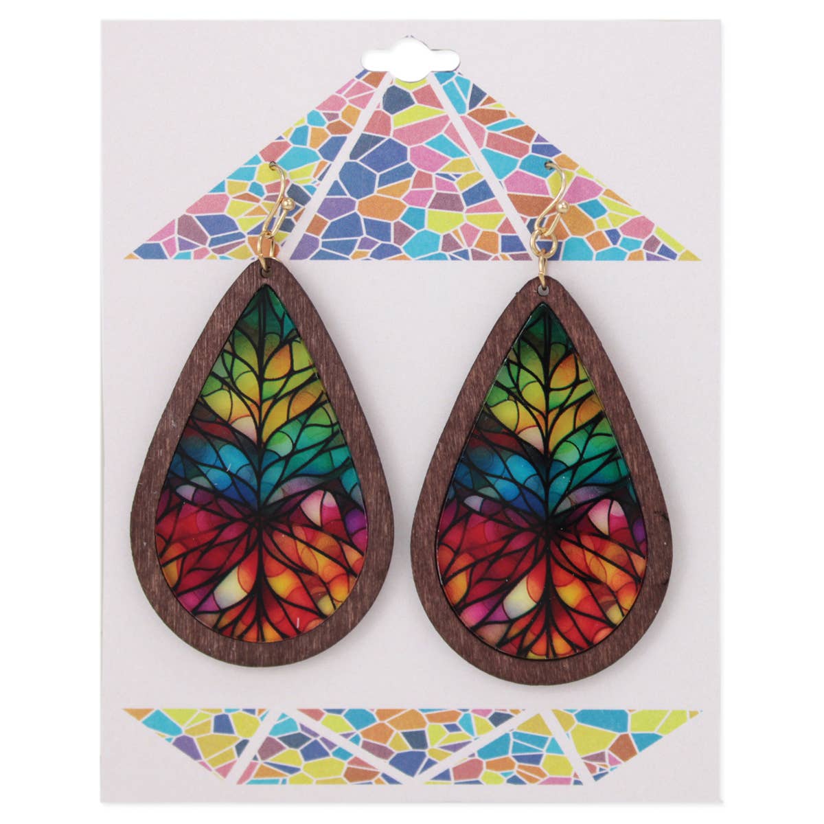ZAD - Rainbow Mosaic Stained Glass Print Wood Earrings