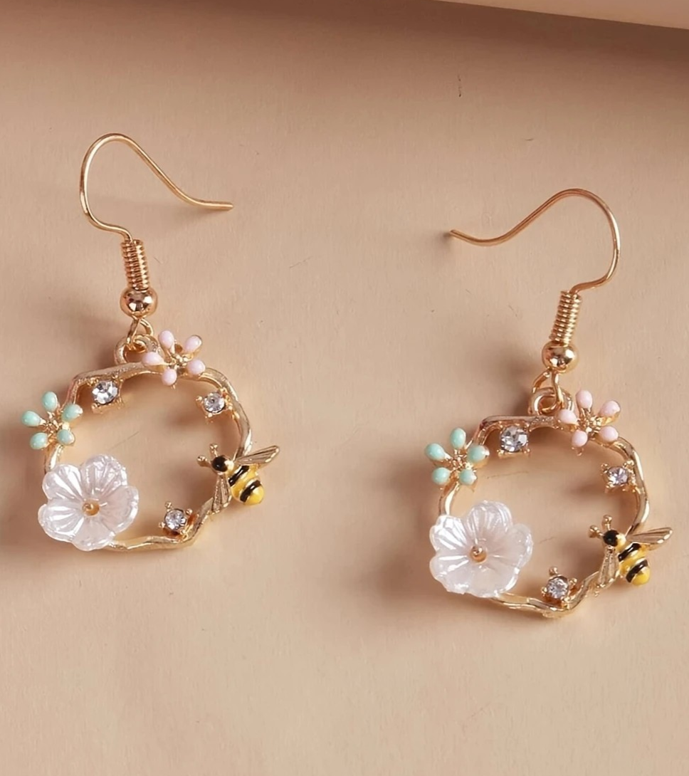 Round Flower and Bee Whimsical Earrings
