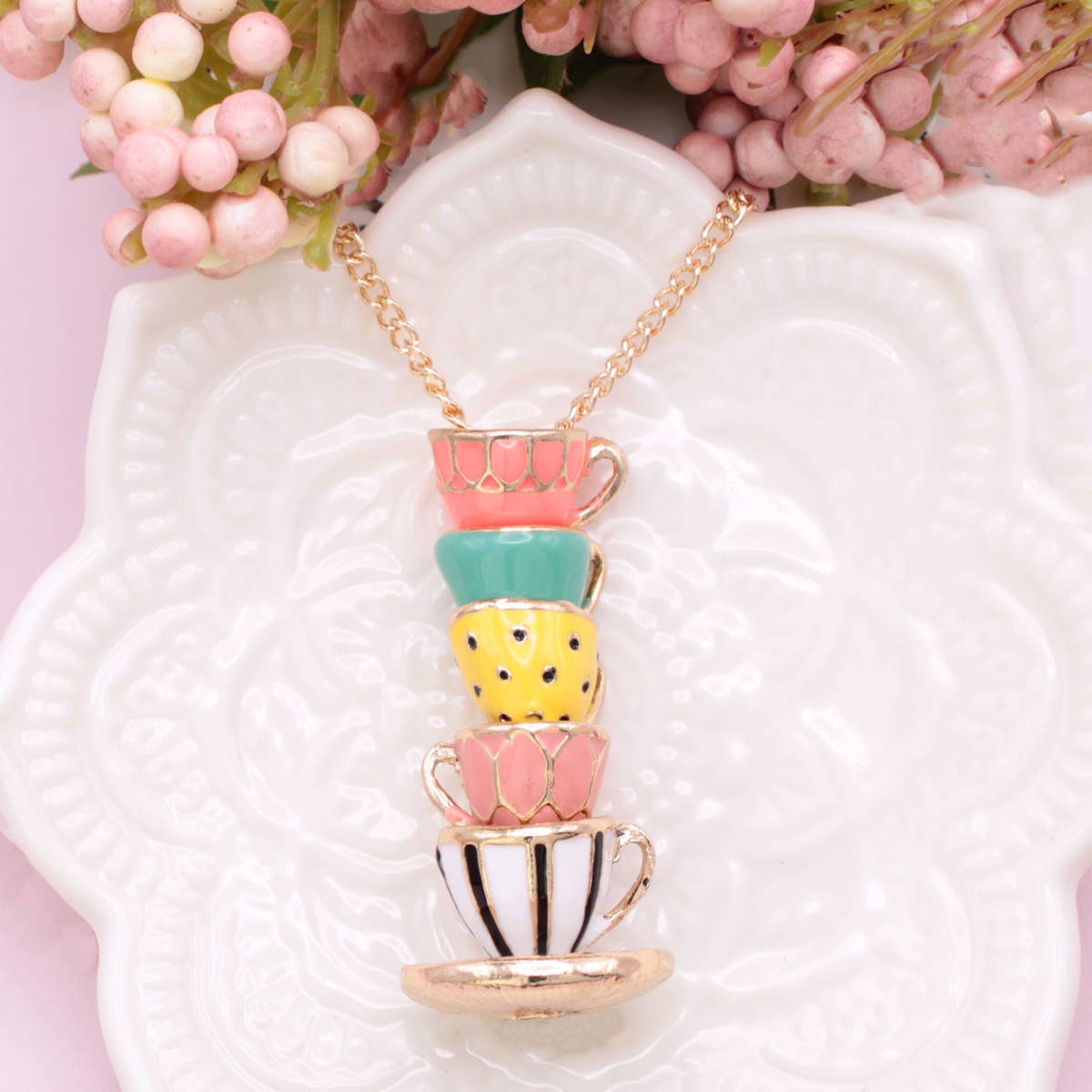 Mad Hatter Pastel Teacup Stack Gold Necklace - #shop_name ZADGifts