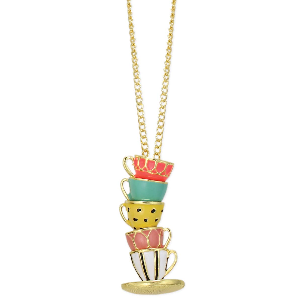 Mad Hatter Pastel Teacup Stack Gold Necklace - #shop_name ZADGifts