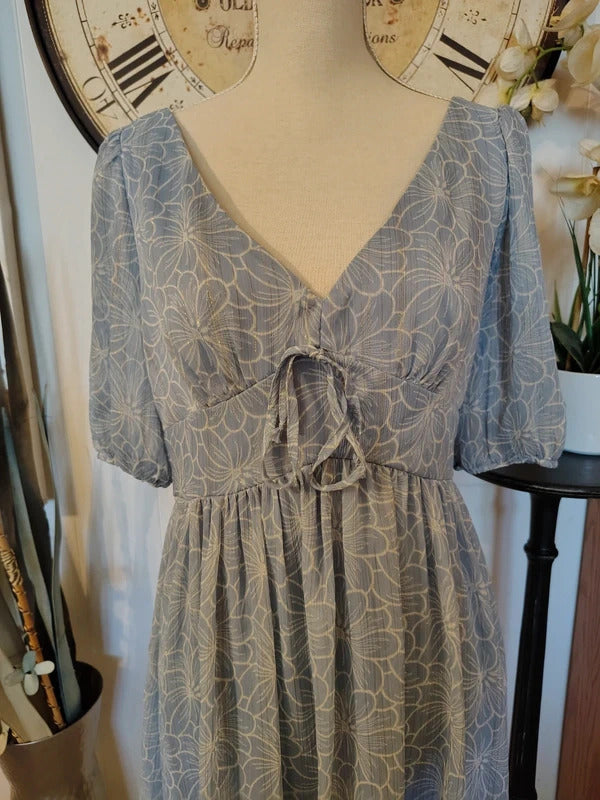City Triangles Blue Floral Gold Thread Dress Size L