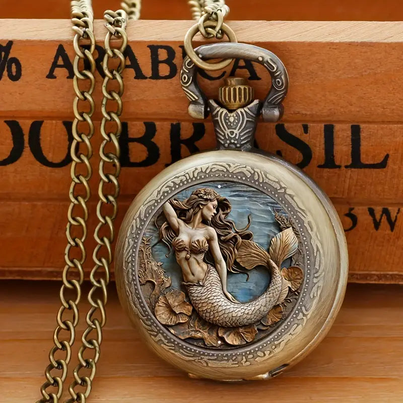 Antique Bronze Mermaid Pocketwatch Costume Jewelry