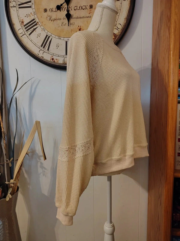 Rareraw Cream Waffle Knit Lace Detail Sweater L