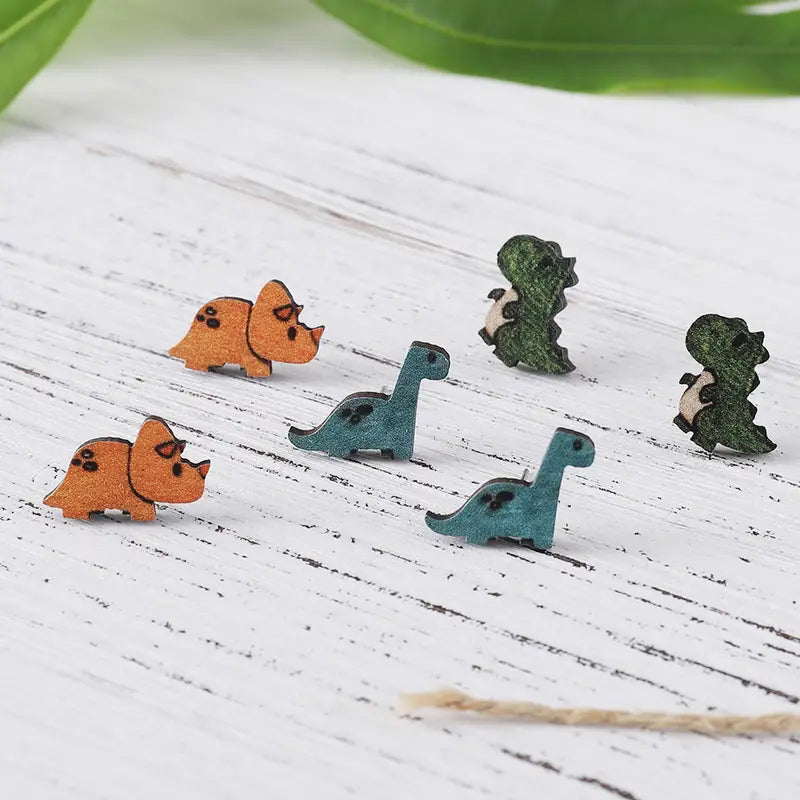 Wooden Dinosaur Studded Earrings