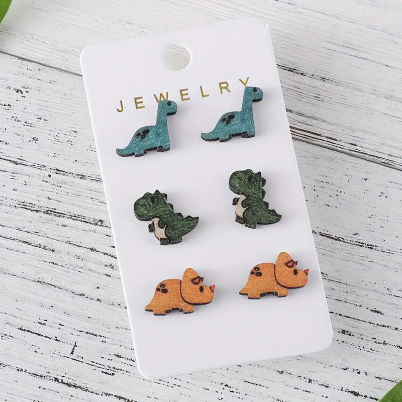 Wooden Dinosaur Studded Earrings