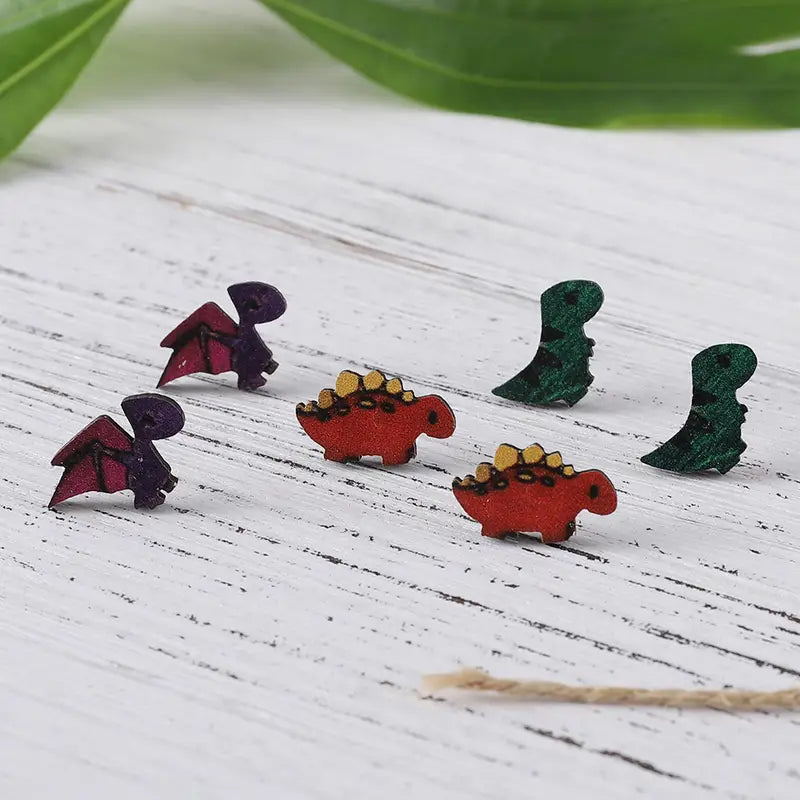 Wooden Dinosaur Studded Earrings