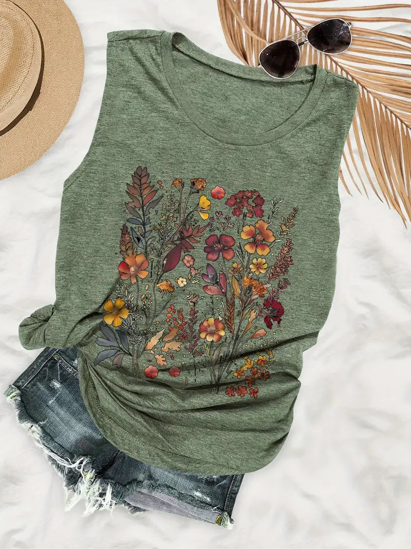 Green Floral Tank Cottage Core