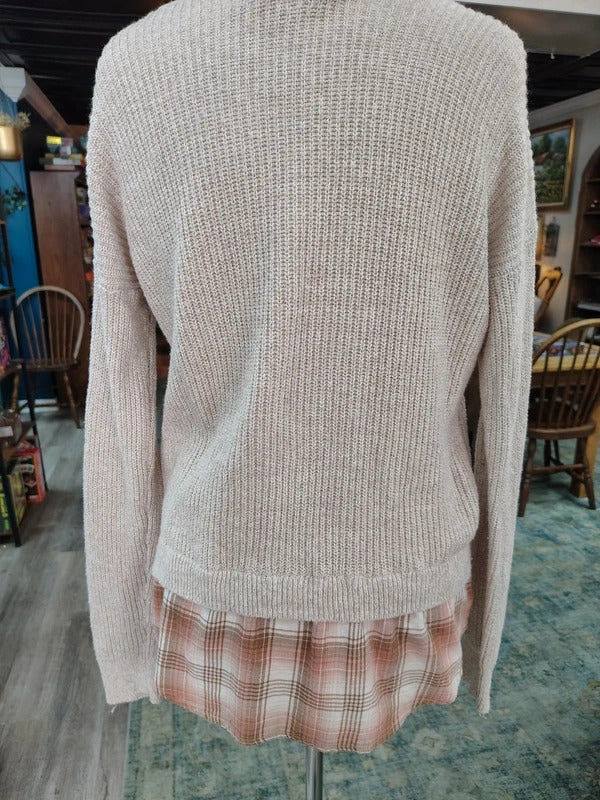 Hollister Oatmeal Knit Sweater with Plaid Layer | Medium