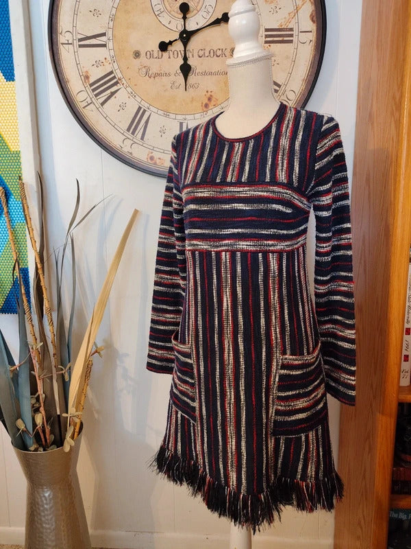 BCBGMaxazria Striped Fringe Tunic Dress XXS
