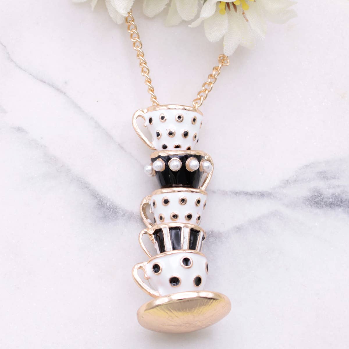 ZAD - Mad Hatter Black Teacup Stack Gold Necklace