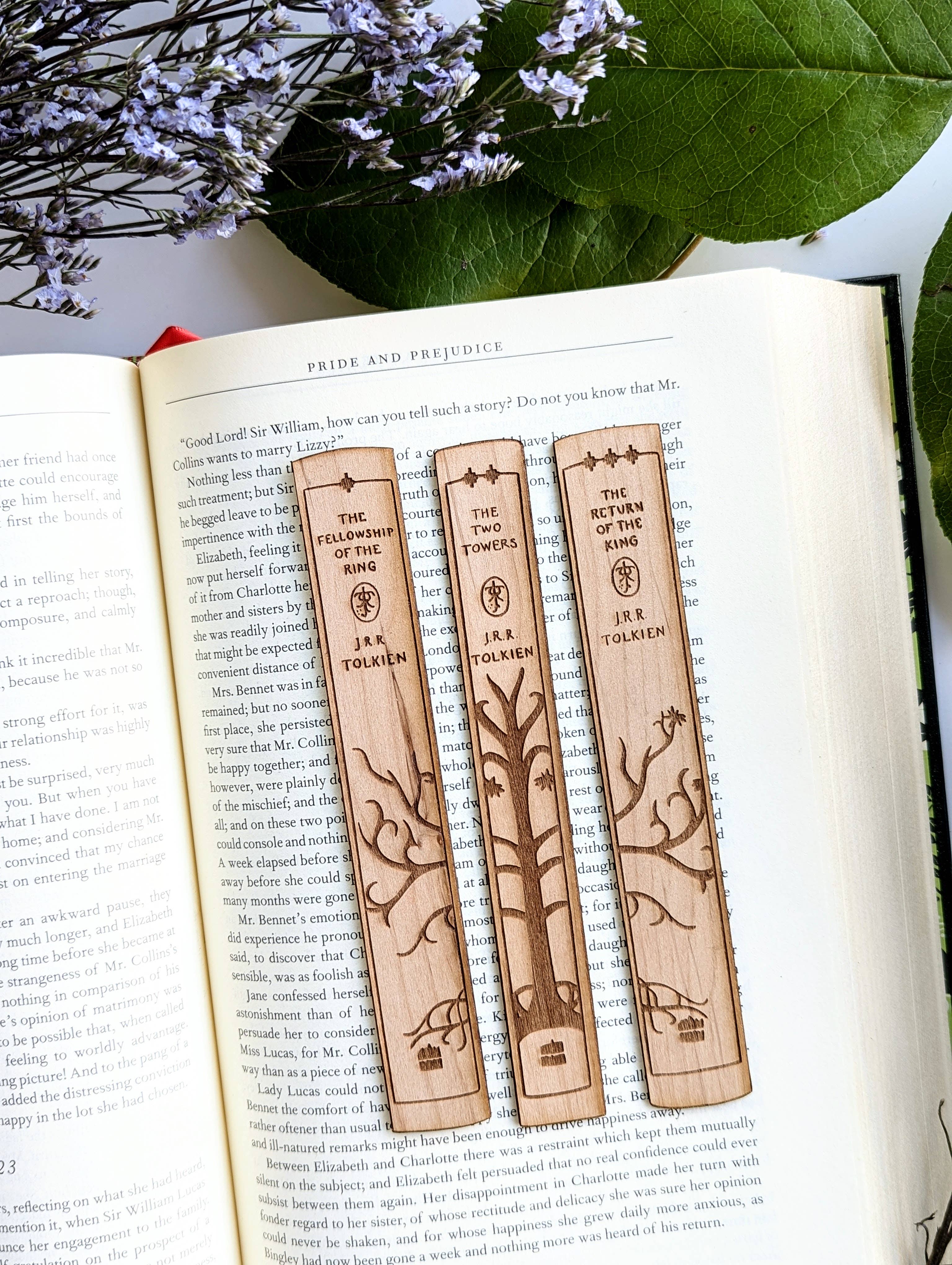 NTSD Gaming and Bookish Goods - Tolkien LotR Book Spine Trio Wooden Bookmarks