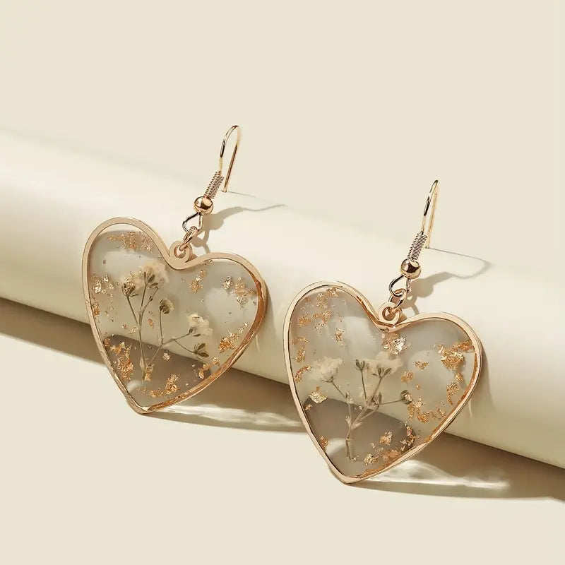 Pressed Flowers Gold Heart Earrings