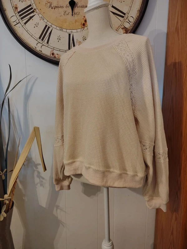 Rareraw Cream Waffle Knit Lace Detail Sweater L