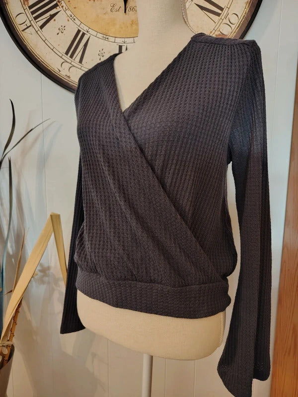 O'Neill Blue Gray Waffle Knit Wrap Bell Sleeve Top L