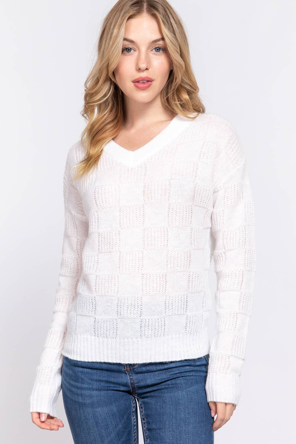 FITTED LONG SLV V-NECK TEXTURE SWEATER