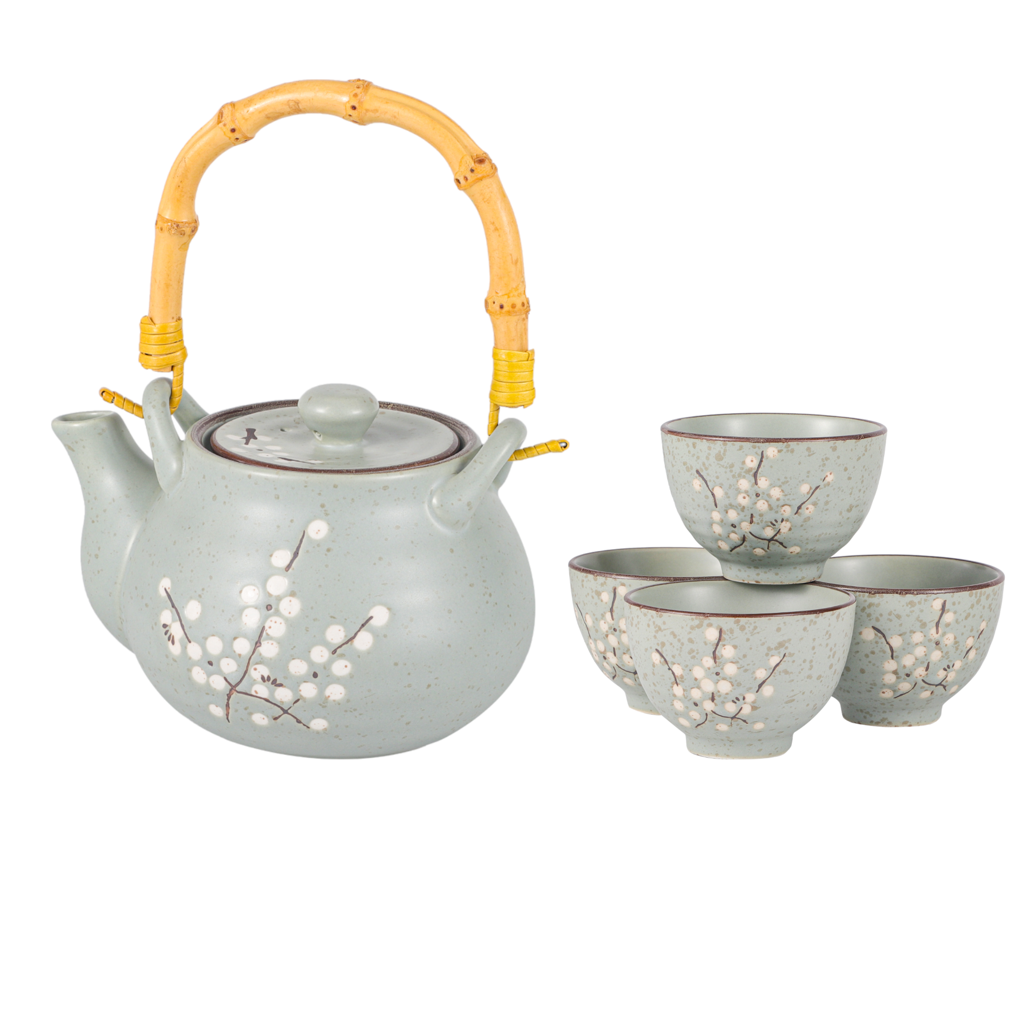 Blue Ume Plum Blossoms Tea Set 27oz Tea Pot with 4 Cups