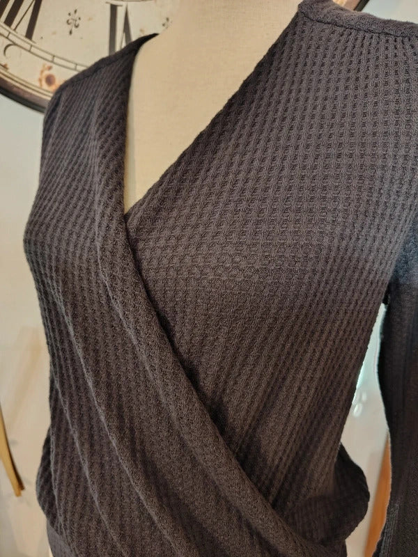 O'Neill Blue Gray Waffle Knit Wrap Bell Sleeve Top L