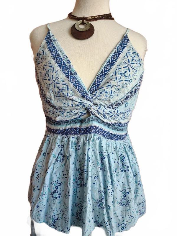 Mi Ami Boho Blue Floral Twist Front Peplum Tank Top XL