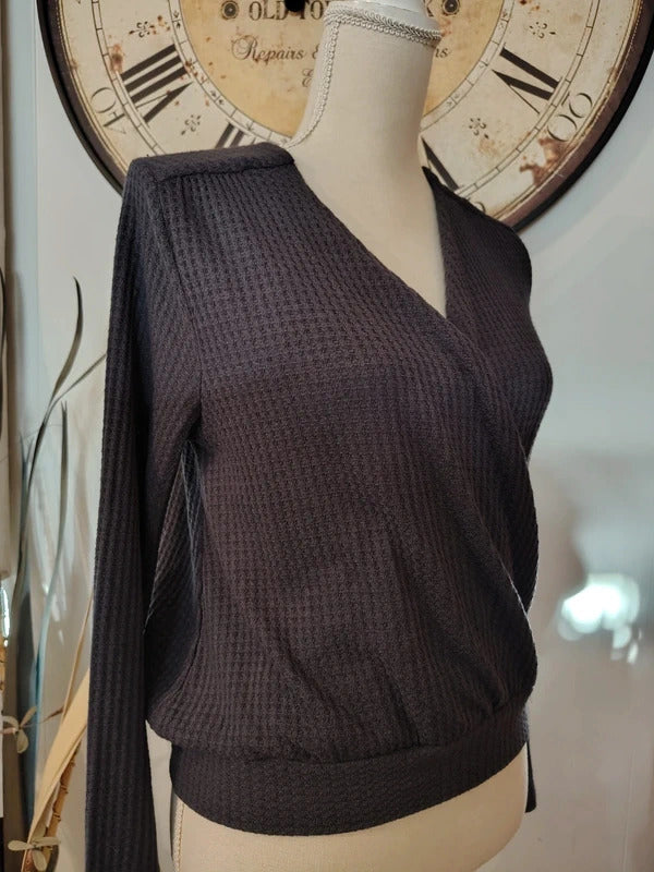 O'Neill Blue Gray Waffle Knit Wrap Bell Sleeve Top L