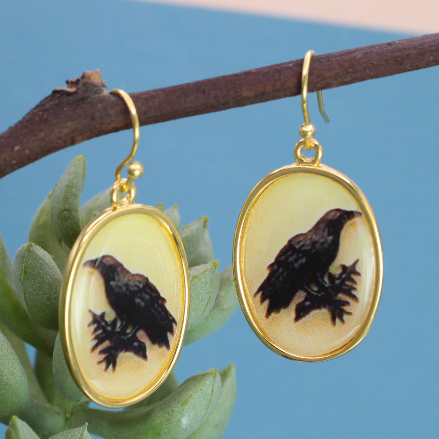 ZAD - Vintage Raven Print Gold Earrings