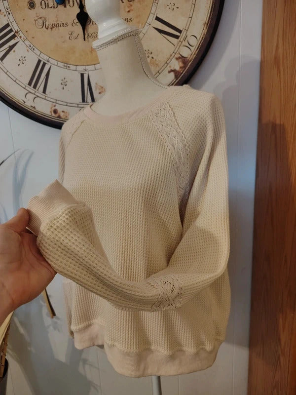 Rareraw Cream Waffle Knit Lace Detail Sweater L
