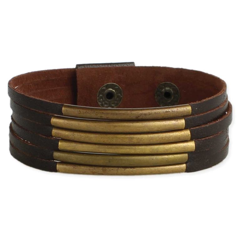 5 Line Brown Leather & Gold Bars Bracelet - #shop_name ZADJewelry