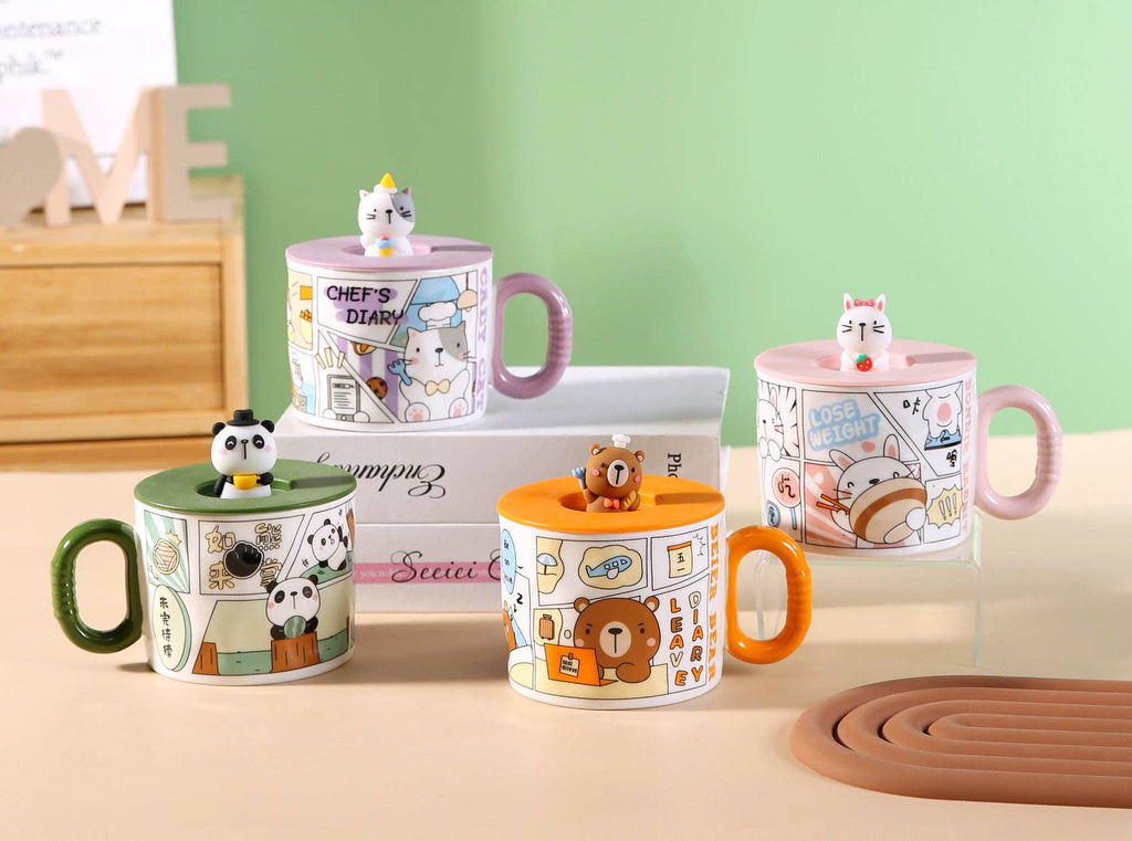 Comic Panda 14oz Mug With Lid and Spoon