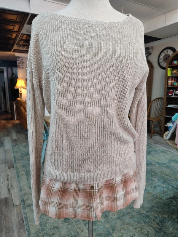 Hollister Oatmeal Knit Sweater with Plaid Layer | Medium