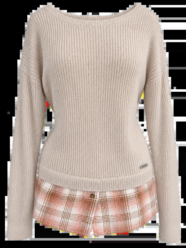 Hollister Oatmeal Knit Sweater with Plaid Layer | Medium