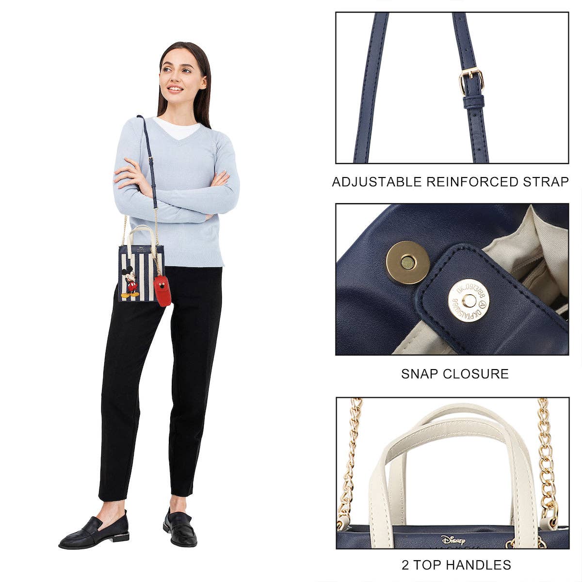 Bioworld Merchandising - Disney Bashful Mickey Pose 11.3" Blue & White Striped Crossbody Bag