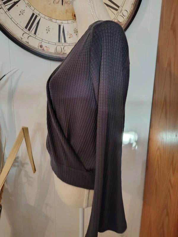 O'Neill Blue Gray Waffle Knit Wrap Bell Sleeve Top L