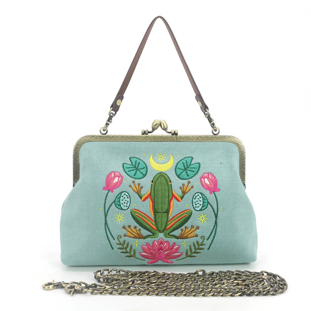 COMECO INC - Frog in the Lily Pond Kiss Lock Bag in Linen Cotton Blend Ma