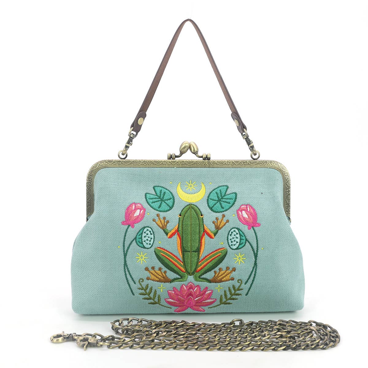 COMECO INC - Frog in the Lily Pond Kiss Lock Bag in Linen Cotton Blend Ma