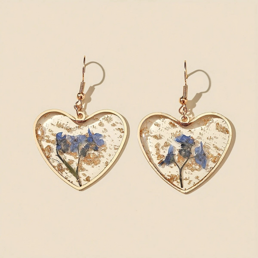 Pressed Flower Gold Heart Shaped Earrings