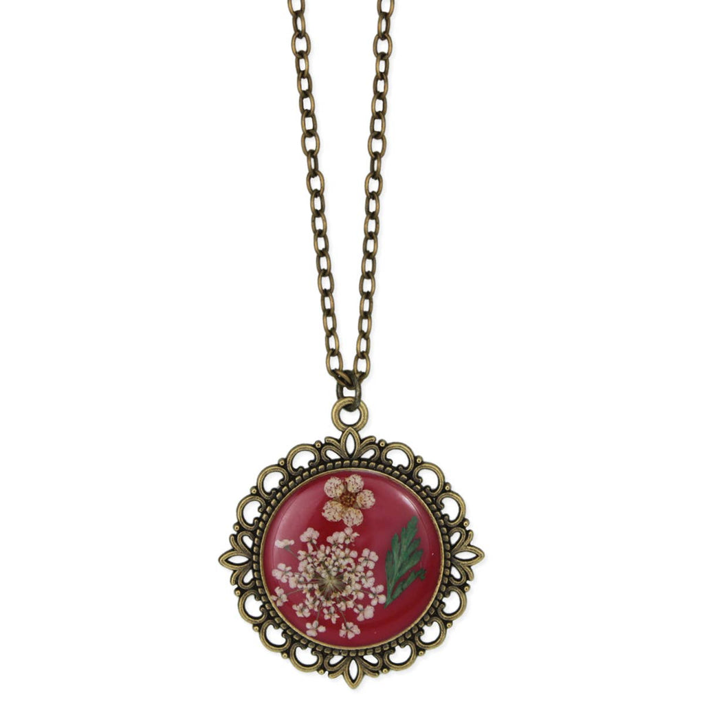 ZAD - Antique Gold Dried Flower Red Cameo Necklace