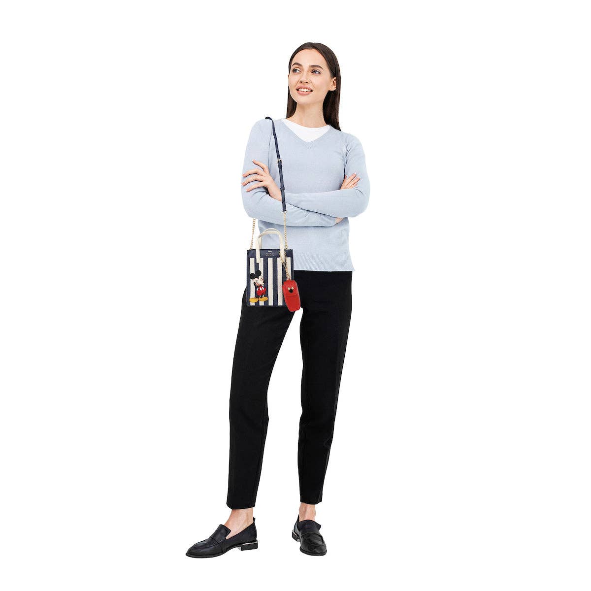 Bioworld Merchandising - Disney Bashful Mickey Pose 11.3" Blue & White Striped Crossbody Bag