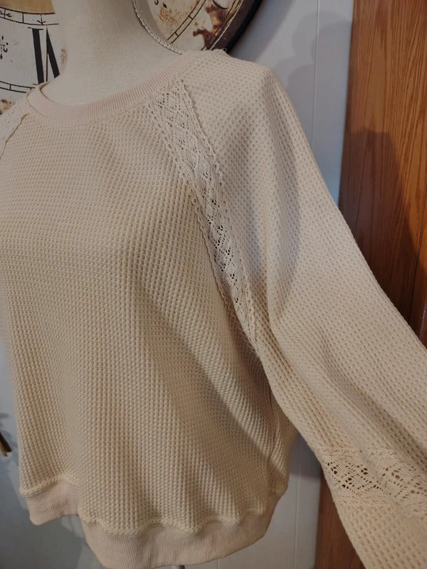 Rareraw Cream Waffle Knit Lace Detail Sweater L