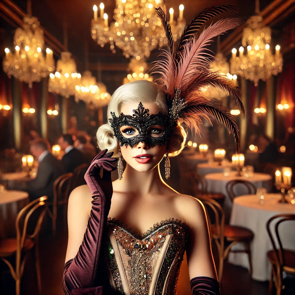 Promotional image for 'Murder on The Bayou: A Masquerade Murder Mystery Adventure' featuring a man in a suit and mask, with a group of people in period costumes in the background, indicating a mystery themed event.