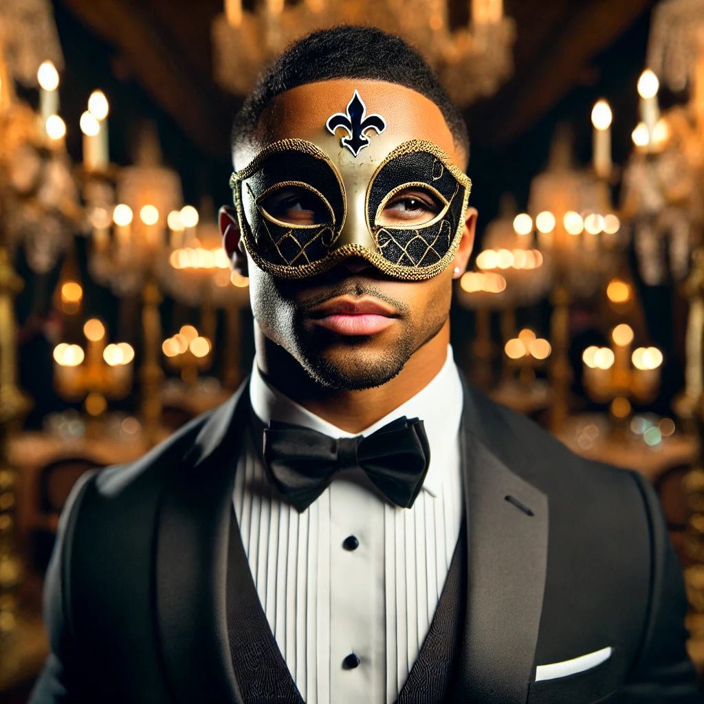 Promotional image for 'Murder on The Bayou: A Masquerade Murder Mystery Adventure' featuring a man in a suit and mask, with a group of people in period costumes in the background, indicating a mystery themed event.