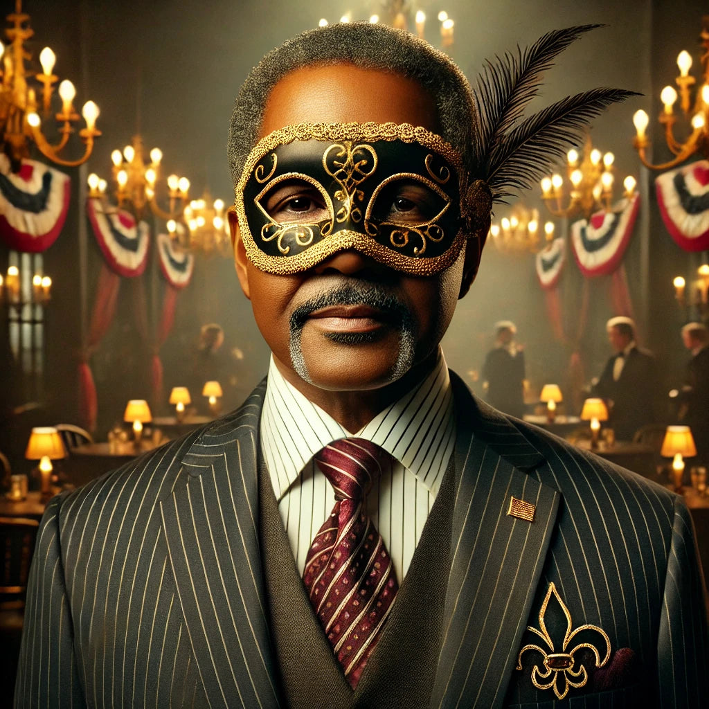 Promotional image for 'Murder on The Bayou: A Masquerade Murder Mystery Adventure' featuring a man in a suit and mask, with a group of people in period costumes in the background, indicating a mystery themed event.