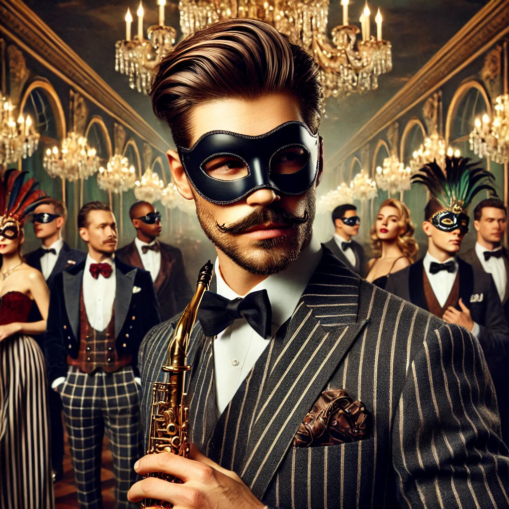 Promotional image for 'Murder on The Bayou: A Masquerade Murder Mystery Adventure' featuring a man in a suit and mask, with a group of people in period costumes in the background, indicating a mystery themed event.
