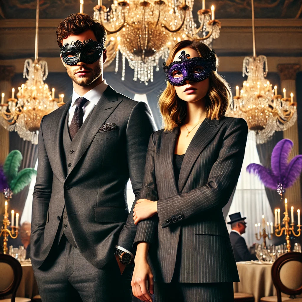 Promotional image for 'Murder on The Bayou: A Masquerade Murder Mystery Adventure' featuring a man in a suit and mask, with a group of people in period costumes in the background, indicating a mystery themed event.