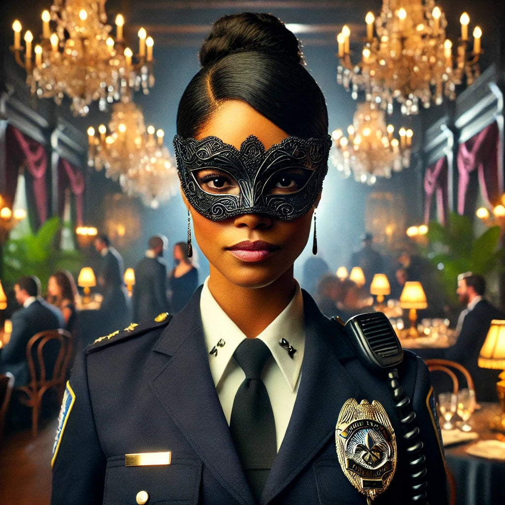 Promotional image for 'Murder on The Bayou: A Masquerade Murder Mystery Adventure' featuring a man in a suit and mask, with a group of people in period costumes in the background, indicating a mystery themed event.