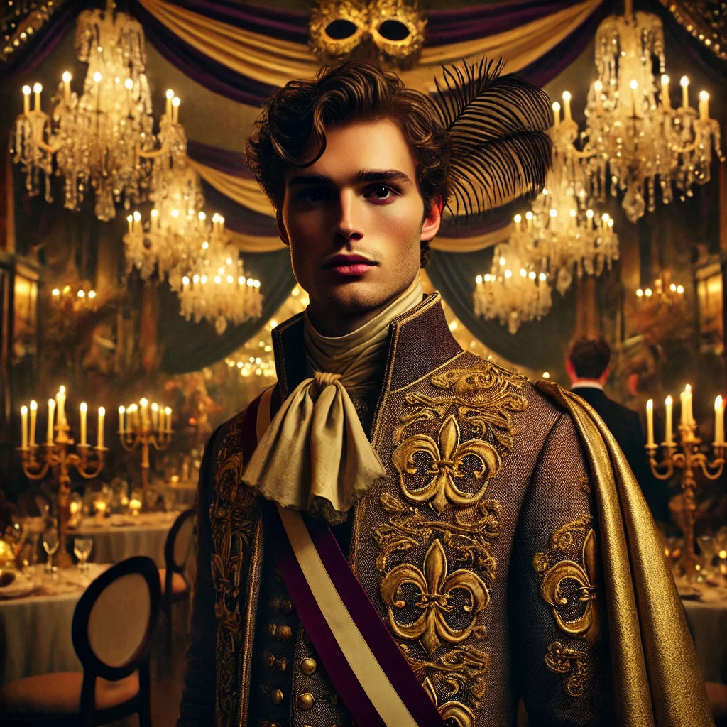 Promotional image for 'Murder on The Bayou: A Masquerade Murder Mystery Adventure' featuring a man in a suit and mask, with a group of people in period costumes in the background, indicating a mystery themed event.