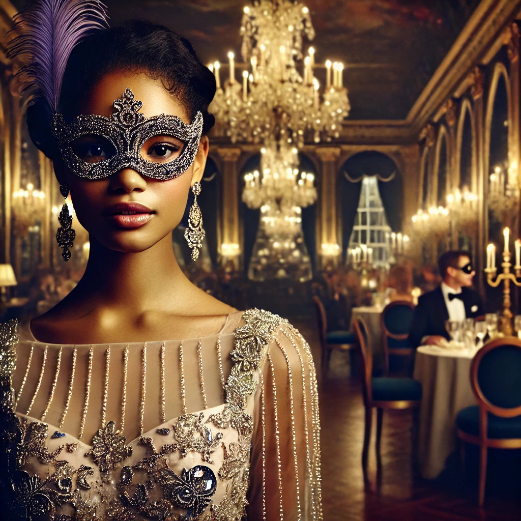 Promotional image for 'Murder on The Bayou: A Masquerade Murder Mystery Adventure' featuring a man in a suit and mask, with a group of people in period costumes in the background, indicating a mystery themed event.