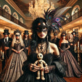 Promotional image for 'Murder on The Bayou: A Masquerade Murder Mystery Adventure' featuring a man in a suit and mask, with a group of people in period costumes in the background, indicating a mystery themed event.
