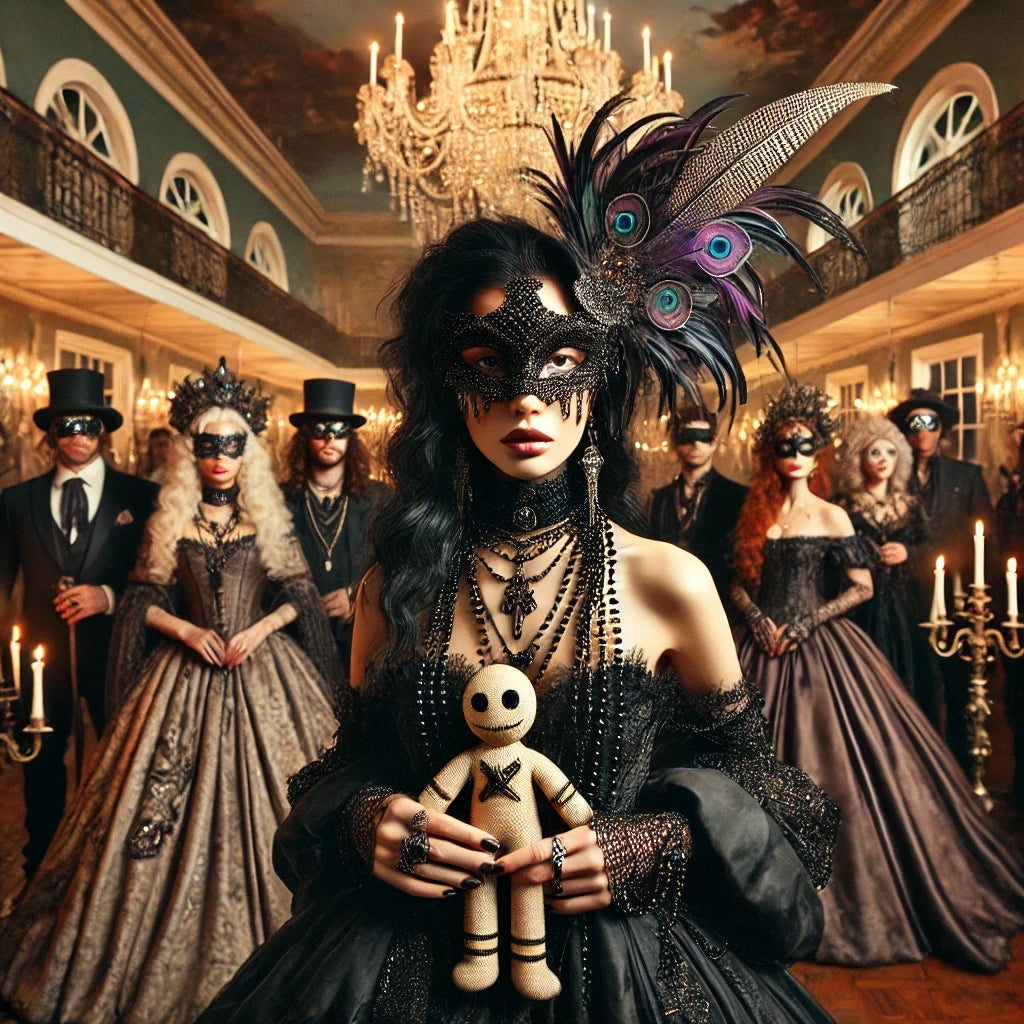 Promotional image for 'Murder on The Bayou: A Masquerade Murder Mystery Adventure' featuring a man in a suit and mask, with a group of people in period costumes in the background, indicating a mystery themed event.