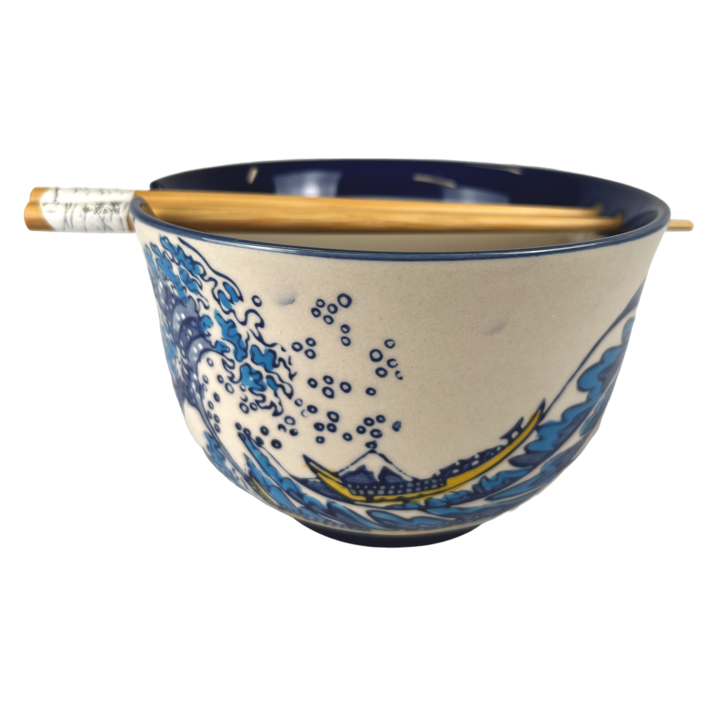 24oz 6"Dx4"H Noodle Bowl With Chopsticks Set Hokusai Wave Design